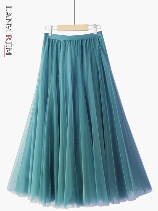 LANMREM Solid Color Mesh Midi Folds Skirt Women Slim Fit Elastic High Waist Loose Female Fashion Clothing 2023 Summer 2I593